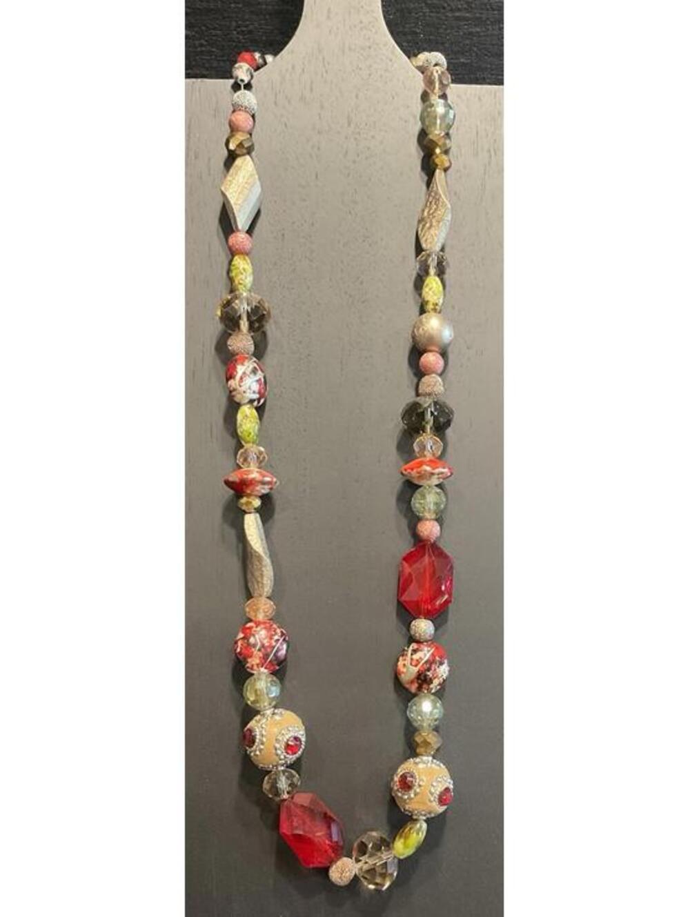 Long Multi Shape Beaded Necklace Red/gold Christmas Colored # 151